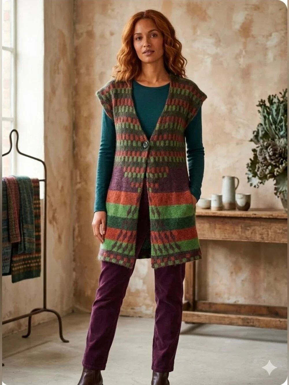 Chesca Martine Tricots XL Mohair GeometricPrint Pockets Women 1 Button Cardigan